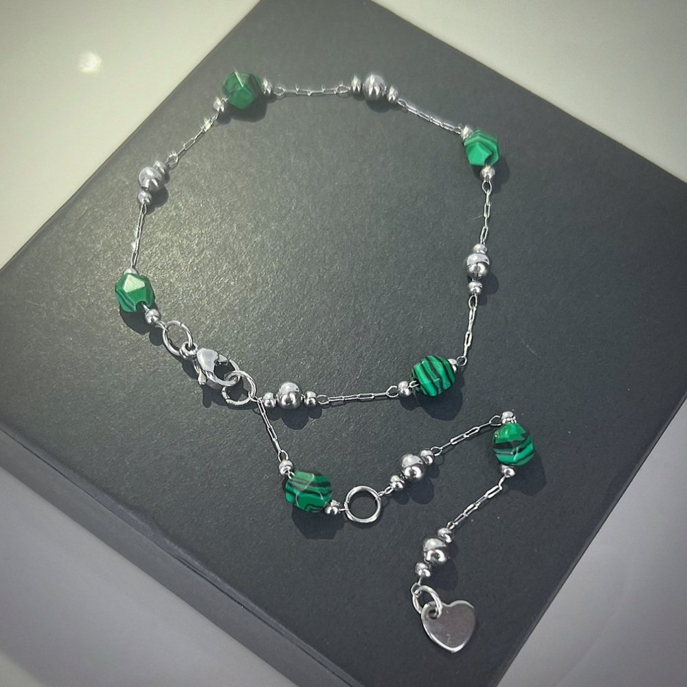Natural Malachite Beaded Bracelet Platinum